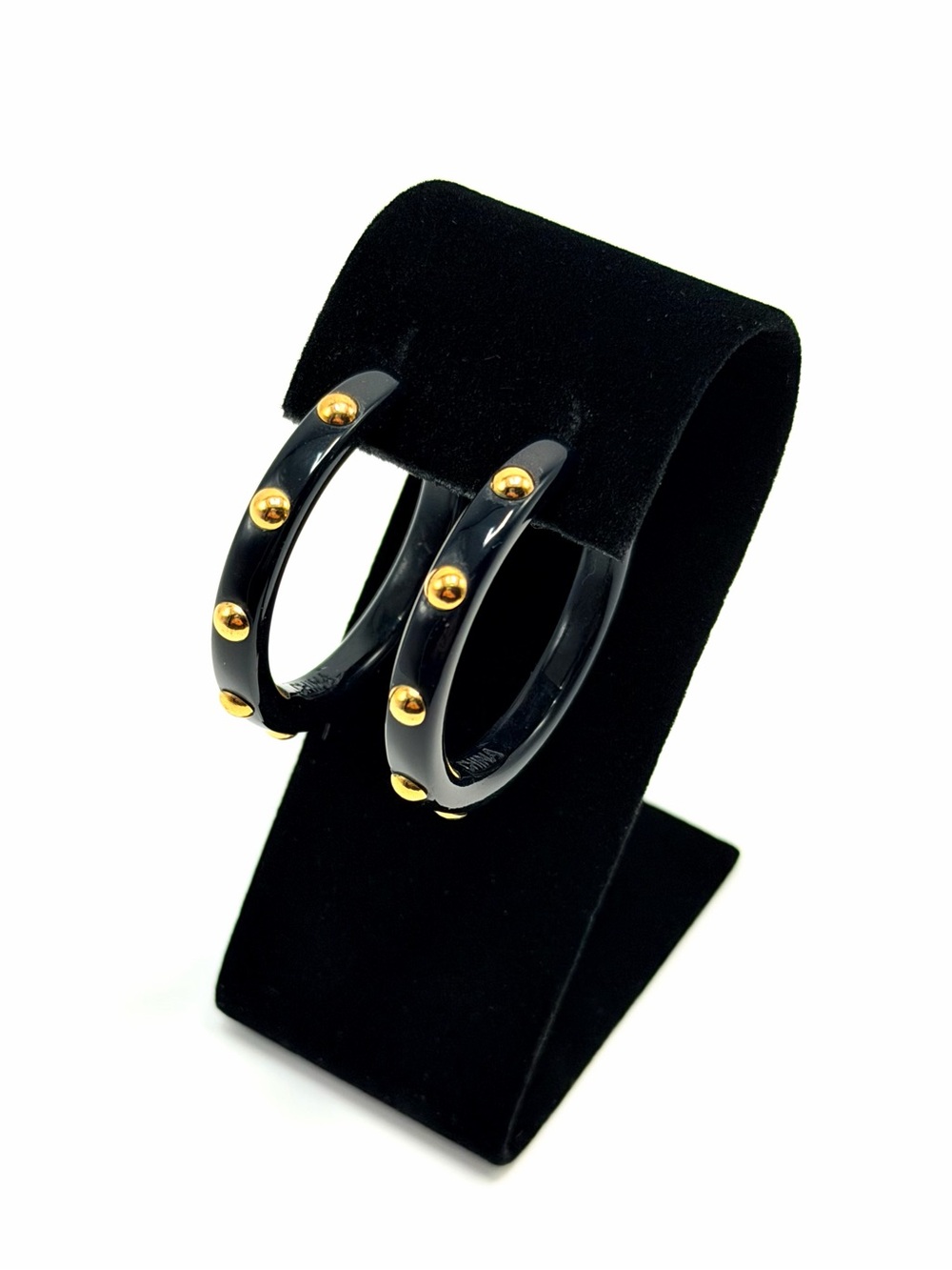 Coach Black Lucite Gold Tone Studded Hoop Earrings 1.5” Logo - Picture 10 of 14